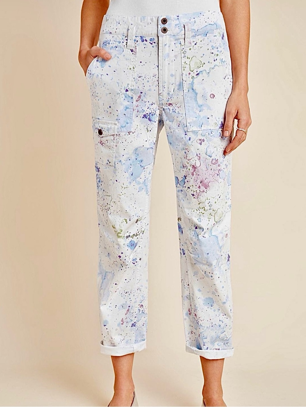 NEW Sz 25 Anthropologie Wanderer Watercolor Cargo Pants Crop Denim Jeans White